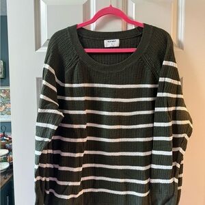 Old Navy Olive Green and White Striped Crewneck Sweater